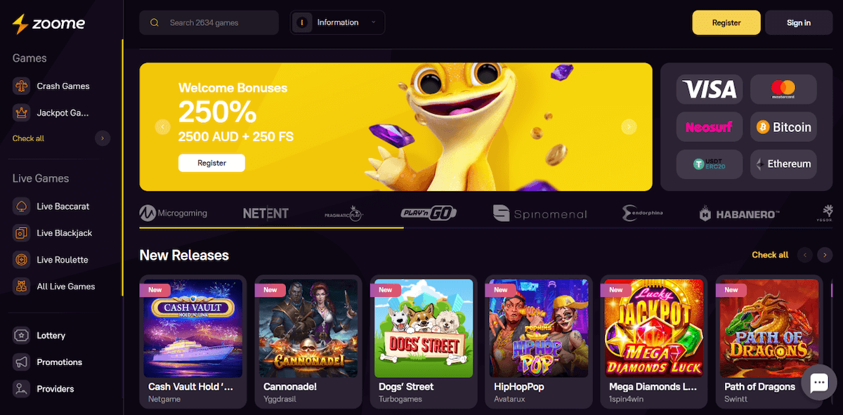 Zoome Casino Homepage